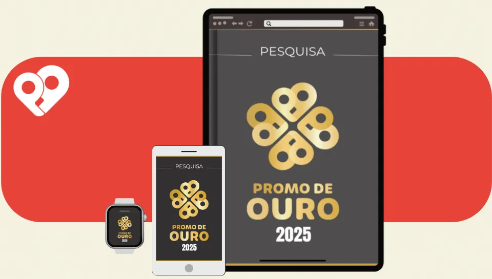 Pesquisa Promo de Ouro 2025 apresentada no tablet, celular e smartwatch.